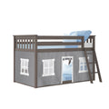 Gray wooden twin loft bed with ladder and under-bed playhouse curtain with white windows and blue bedding