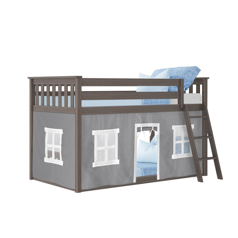 Gray wooden twin loft bed with ladder and under-bed playhouse curtain with white windows and blue bedding