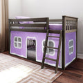 Wooden loft bed with ladder and purple playhouse-style tent panels creating an under-bed play area, kids bedroom furniture