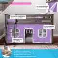 Low-profile wooden kids loft bed with purple playhouse curtain and angled ladder — twin loft bed made from 100% New Zealand pine, reversible ladder, countersunk hardware, 400 lb capacity, fits standard mattresses (31¼″ headroom with 5″ mattress)