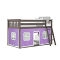 Wooden twin loft bed with ladder and purple playhouse tent curtains, kids' loft bed with under-bed playhouse