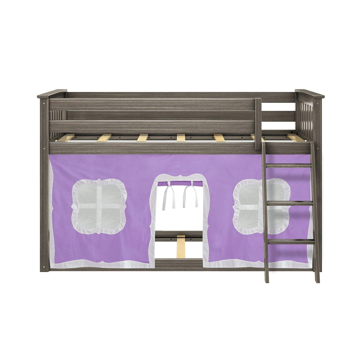 180214151061 : Bunk Beds Twin-Size Low Bunk Bed With Curtain, Clay + Purple Curtain