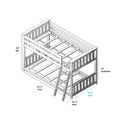 Twin-over-full wooden bunk bed with ladder and slatted guardrails, blueprint-style diagram showing dimensions 81½″ L x 54¼″ W x 50″ H and 31″ underbed clearance