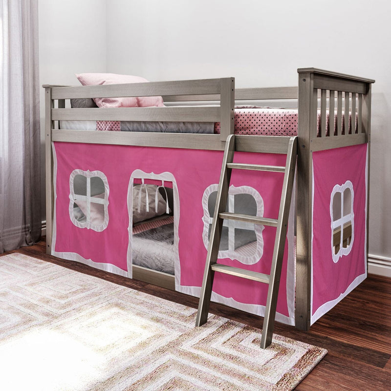 Children's wooden loft bed with pink playhouse tent and ladder in a cozy bedroom setting.