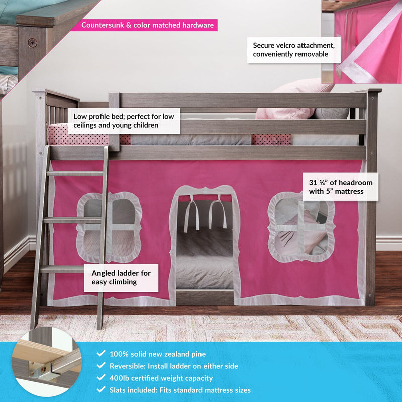 Gray wooden low-profile bunk bed with pink fabric tent, angled ladder, and reversible design for children, featuring a 400lb weight capacity and fits standard mattress sizes.