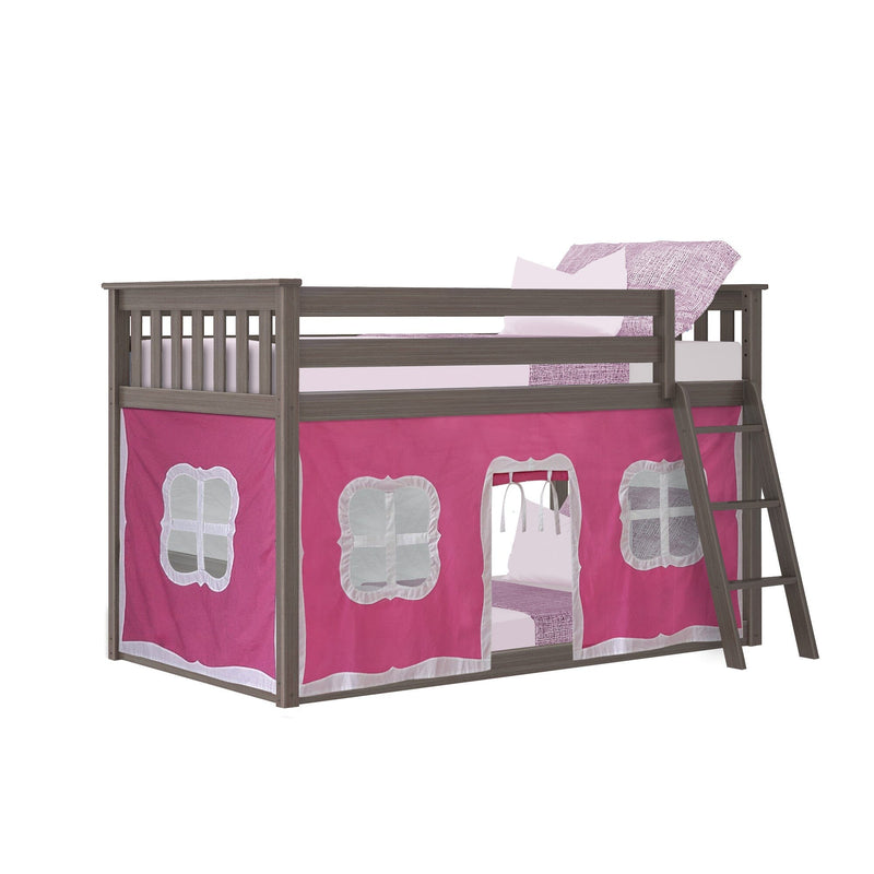 Wooden loft bed with pink playhouse curtains and ladder for kids' bedroom.