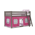 Gray wooden twin loft bed with ladder and pink playhouse tent curtains for kids' bedroom