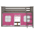 Gray wooden loft bed with ladder and pink playhouse curtain featuring white-trimmed windows and tie-back doorway — kids' loft bed