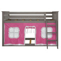 Grey wooden kids loft bed with pink play-tent canopy, white window cutouts and side ladder