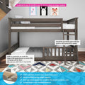 Gray wooden twin-over-twin bunk bed with removable guardrail and ladder in kids' bedroom, solid New Zealand pine construction, fits standard mattresses