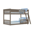Gray wood twin-over-twin bunk bed with slatted safety rails and angled ladder, modern farmhouse kids' bedroom furniture with blue bedding and pillows