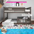 Gray solid New Zealand pine twin-over-twin kids bunk bed with ladder and removable safety guardrail, 400 lb capacity, fits standard mattresses