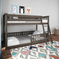 Gray wooden twin-over-twin bunk bed with ladder and safety rails in modern kids bedroom with polka-dot bedding, colorful geometric rug and animal wall art