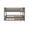 Grey wood two-tier bunk bed with ladder and slatted guardrails, space-saving sturdy frame for kids' bedroom