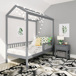 180215121309 : Kids Beds House Bed with 3 Guard Rails, Grey