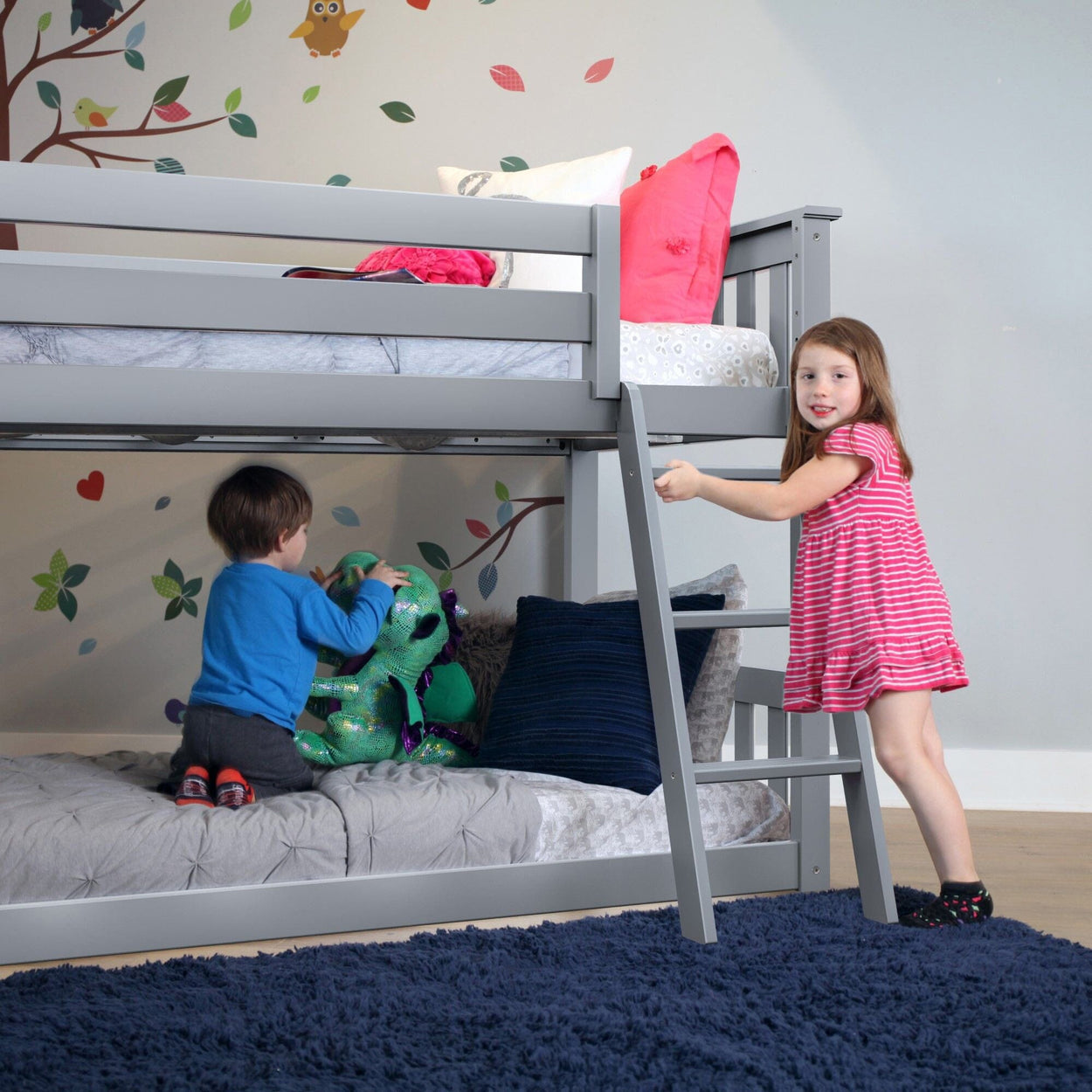 180217-121 : Bunk Beds Twin over Twin Low Bunk Bed with Slide, Grey