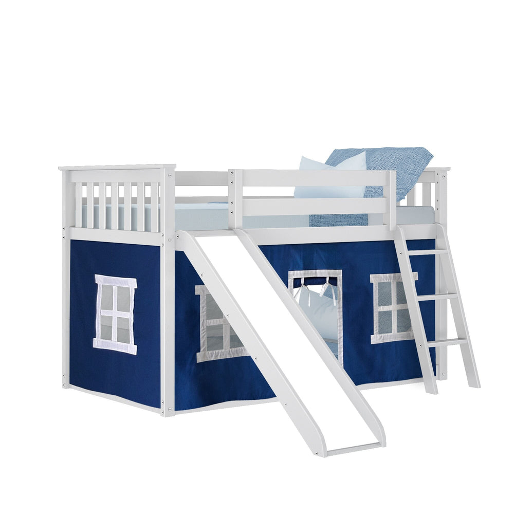 180217002022 : Bunk Beds Twin Over Twin Low Bunk With Slide & Curtain, White + Blue