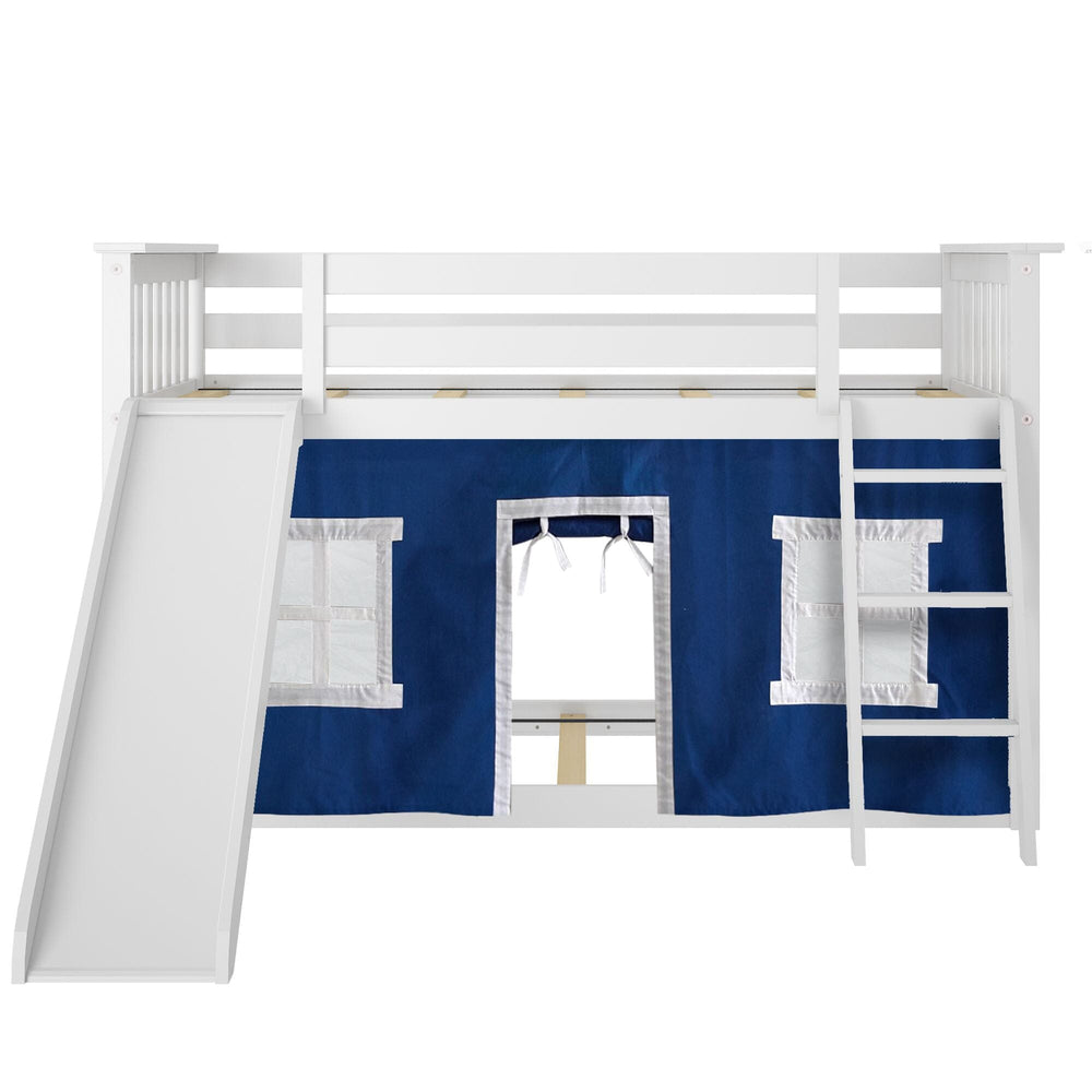 180217002022 : Bunk Beds Twin Over Twin Low Bunk With Slide & Curtain, White + Blue