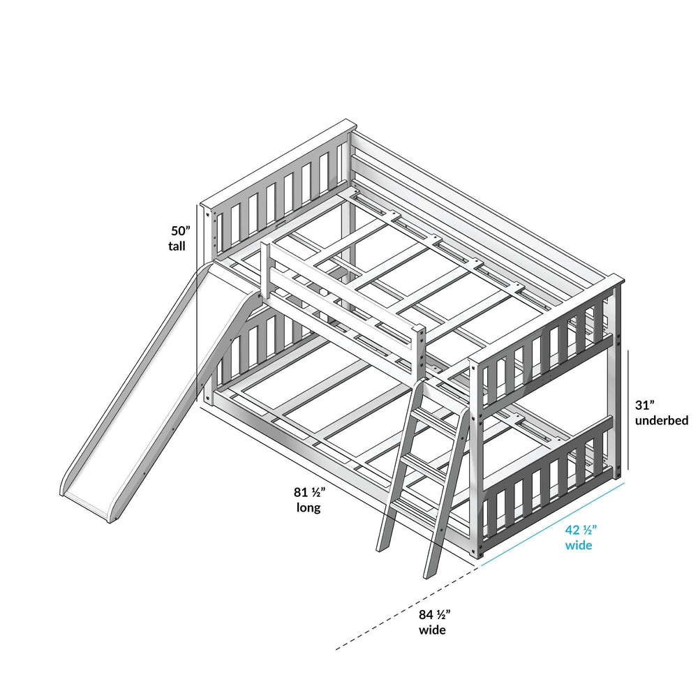 180217002022 : Bunk Beds Twin Over Twin Low Bunk With Slide & Curtain, White + Blue