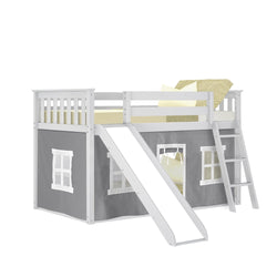 180217002054 : Bunk Beds Twin Over Twin Low Bunk With Slide & Curtain, White + Grey Curtain