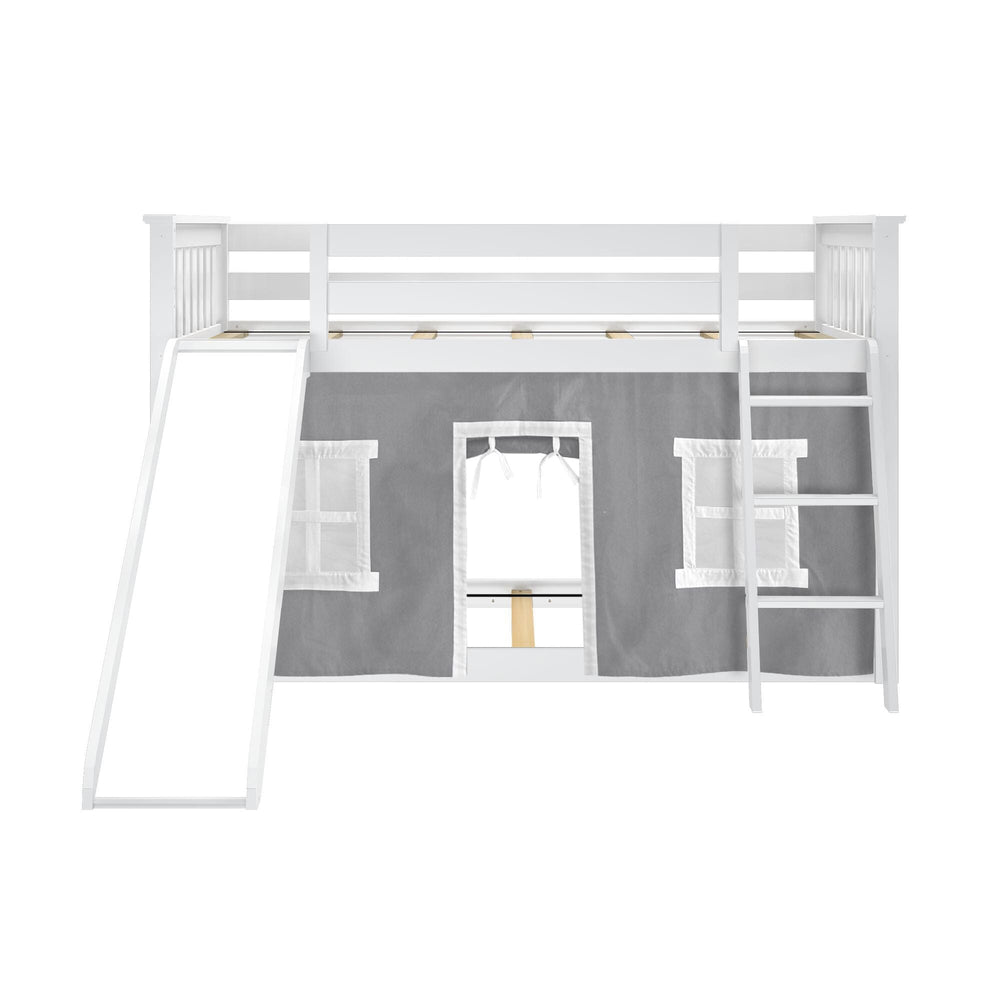 180217002054 : Bunk Beds Twin Over Twin Low Bunk With Slide & Curtain, White + Grey Curtain