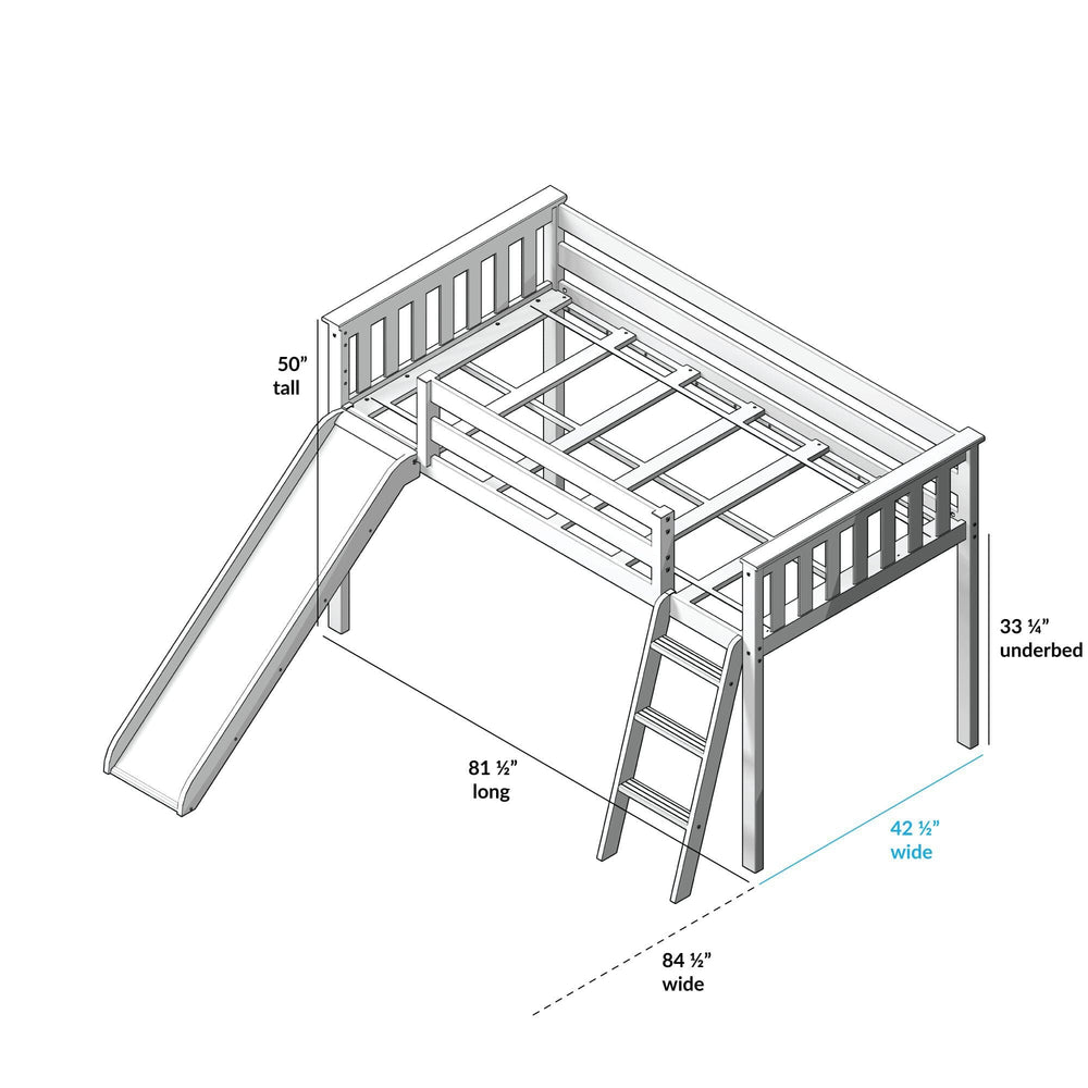 180217002054 : Bunk Beds Twin Over Twin Low Bunk With Slide & Curtain, White + Grey Curtain