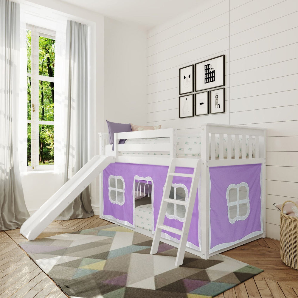 180217002061 : Bunk Beds Twin Over Twin Low Bunk With Slide & Curtain, White + Purple Curtain