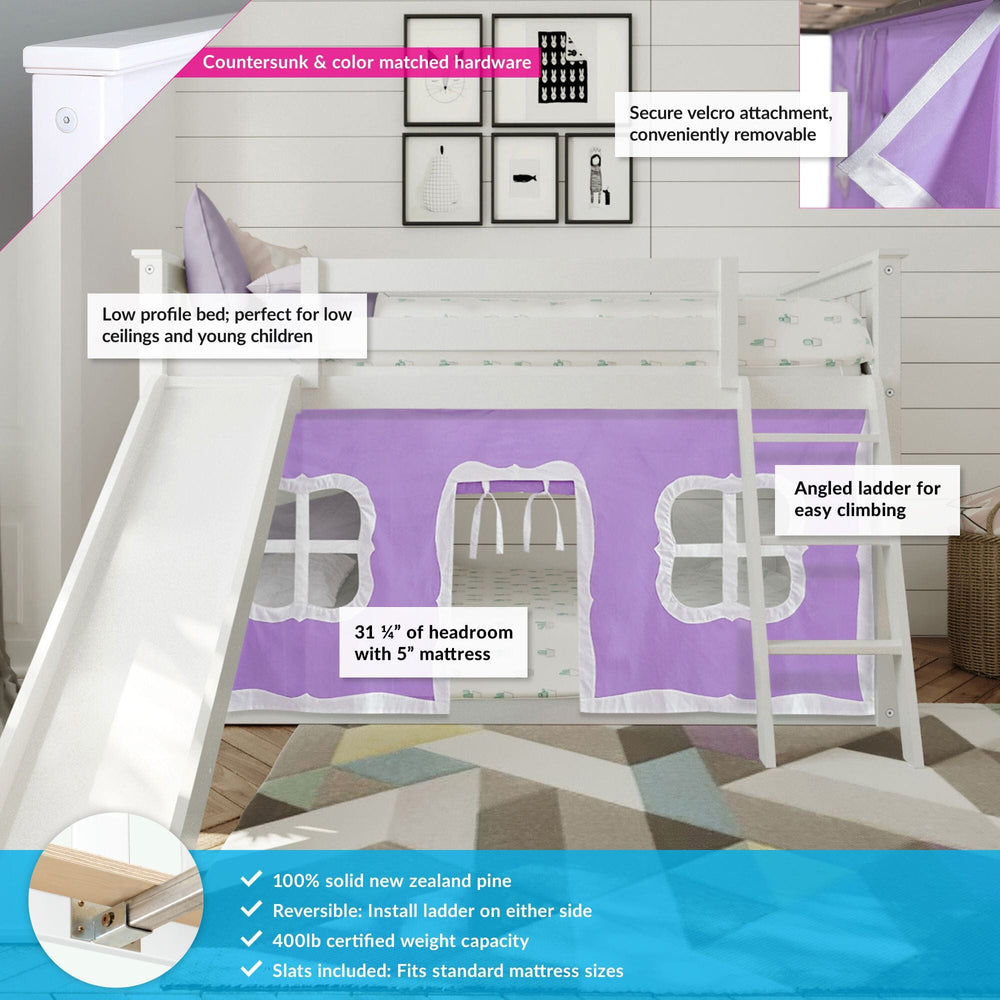 180217002061 : Bunk Beds Twin Over Twin Low Bunk With Slide & Curtain, White + Purple Curtain