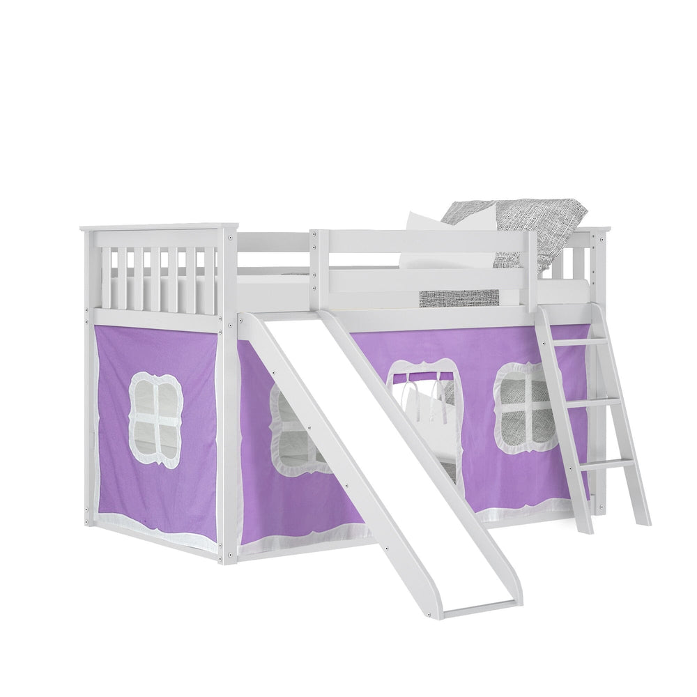 180217002061 : Bunk Beds Twin Over Twin Low Bunk With Slide & Curtain, White + Purple Curtain