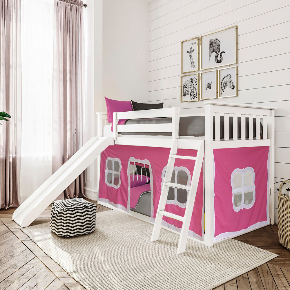 180217002078 : Bunk Beds Twin Over Twin Low Bunk With Slide & Curtain, White + Pink