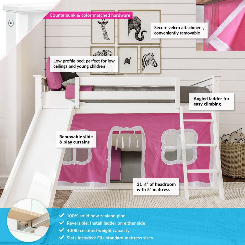 180217002078 : Bunk Beds Twin Over Twin Low Bunk With Slide & Curtain, White + Pink