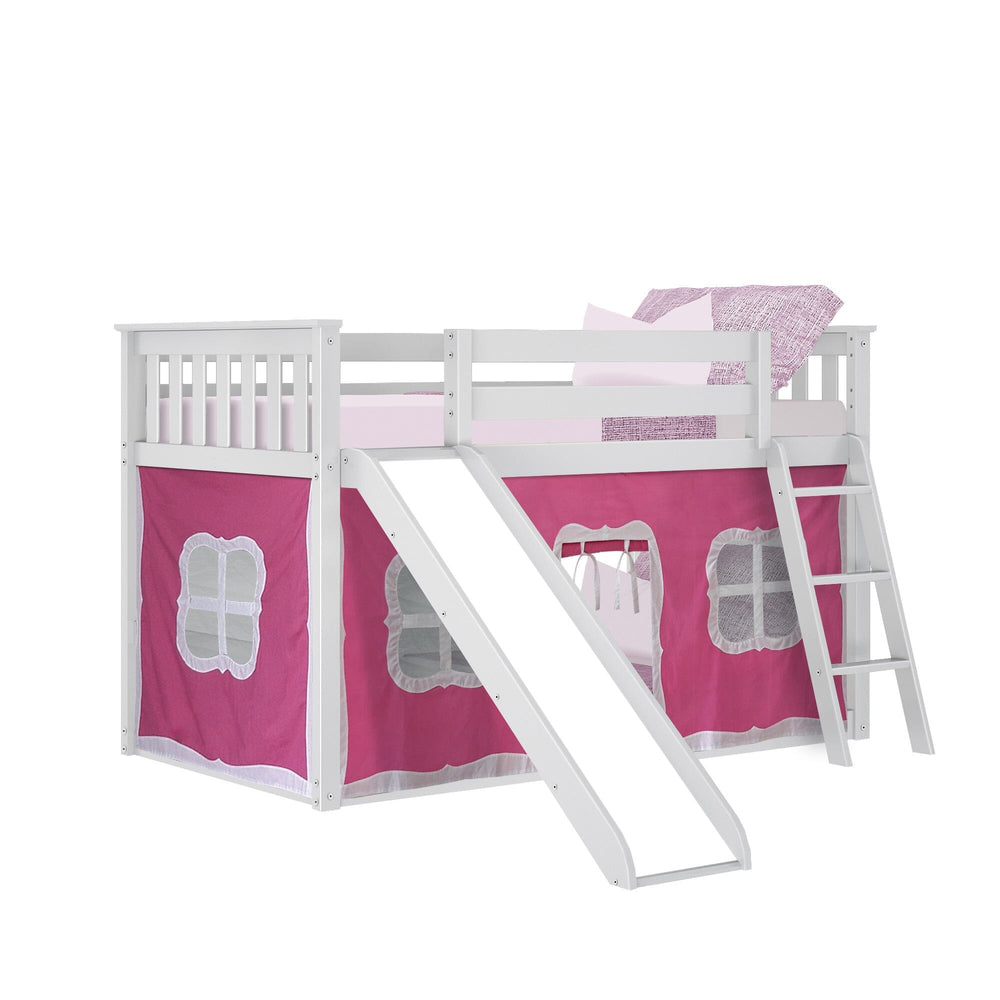 180217002078 : Bunk Beds Twin Over Twin Low Bunk With Slide & Curtain, White + Pink