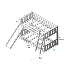 180217002078 : Bunk Beds Twin Over Twin Low Bunk With Slide & Curtain, White + Pink