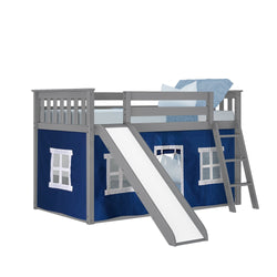 180217121022 : Bunk Beds Twin Over Twin Low Bunk With Slide & Curtain, Grey + Blue Curtain