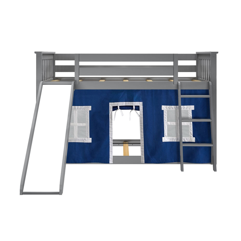 180217121022 : Bunk Beds Twin Over Twin Low Bunk With Slide & Curtain, Grey + Blue Curtain