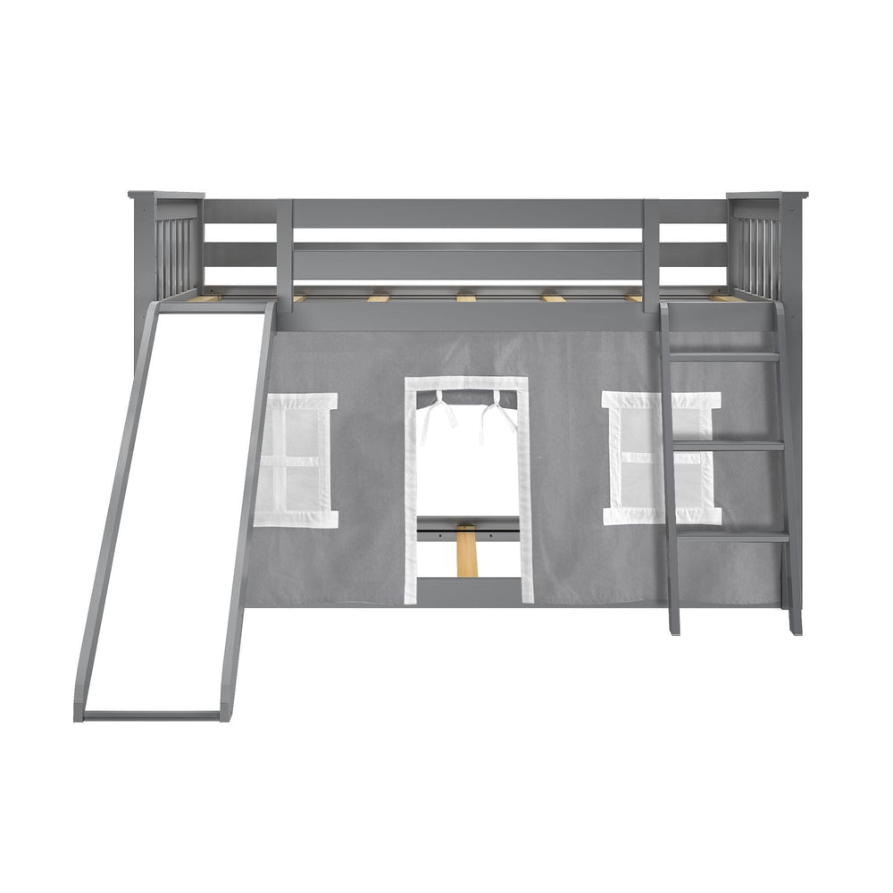 180217121054 : Bunk Beds Twin Over Twin Low Bunk With Slide & Curtain, Grey + Grey Curtain