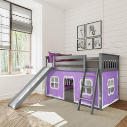 180217121061 : Bunk Beds Twin Over Twin Low Bunk With Slide & Curtain, Grey + Purple Curtain