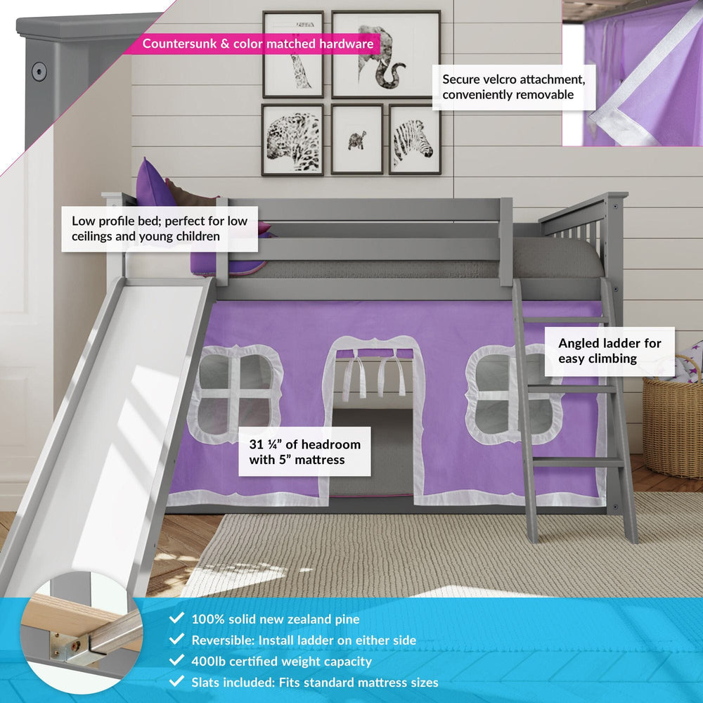 180217121061 : Bunk Beds Twin Over Twin Low Bunk With Slide & Curtain, Grey + Purple Curtain