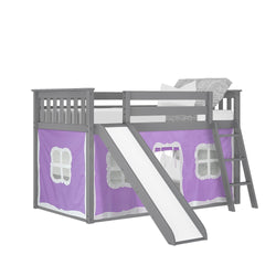 180217121061 : Bunk Beds Twin Over Twin Low Bunk With Slide & Curtain, Grey + Purple Curtain