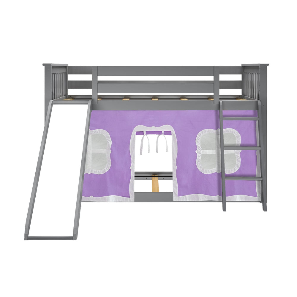 180217121061 : Bunk Beds Twin Over Twin Low Bunk With Slide & Curtain, Grey + Purple Curtain