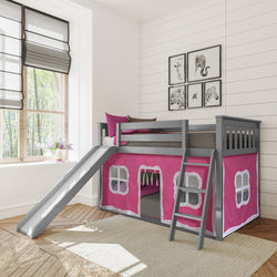 180217121078 : Bunk Beds Twin Over Twin Low Bunk With Slide & Curtain, Grey + Pink Curtain