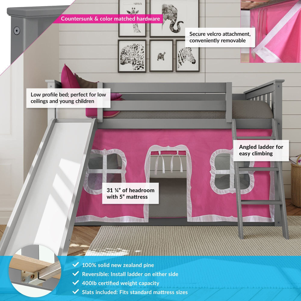 180217121078 : Bunk Beds Twin Over Twin Low Bunk With Slide & Curtain, Grey + Pink Curtain