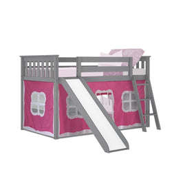 180217121078 : Bunk Beds Twin Over Twin Low Bunk With Slide & Curtain, Grey + Pink Curtain