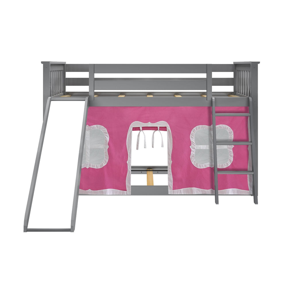 180217121078 : Bunk Beds Twin Over Twin Low Bunk With Slide & Curtain, Grey + Pink Curtain