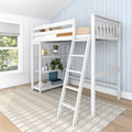 White kids loft bed with ladder and built-in storage shelves in modern bedroom, blue vertical-striped wallpaper, window light and decorative plants
