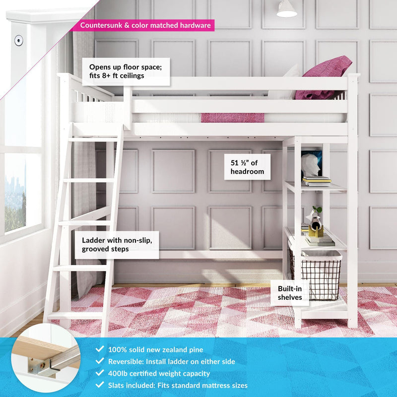 White loft bed with ladder and built-in shelves, optimizing space for rooms with over 8-foot ceilings.