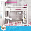 White solid pine loft bed with ladder and built-in shelves in a child's bedroom, pink pillows and rug, saves floor space, fits 8+ ft ceilings with 51.5 in headroom, non-slip ladder and color-matched hardware