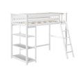 White wooden twin loft bed with guard rails, angled ladder and built-in open shelving storage underneath