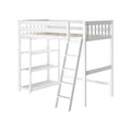 White wooden loft bed frame with ladder, safety guardrails and built-in shelves, modern space-saving kids' bedroom bed