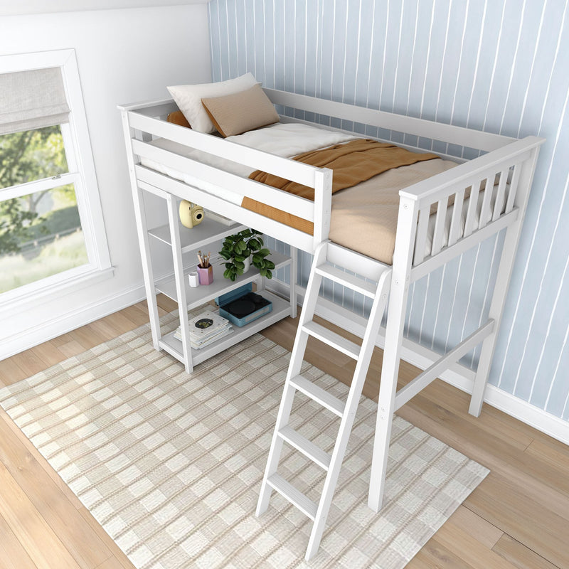 White loft bed with integrated shelves and ladder in a cozy kids' bedroom with blue striped wallpaper and plaid rug.